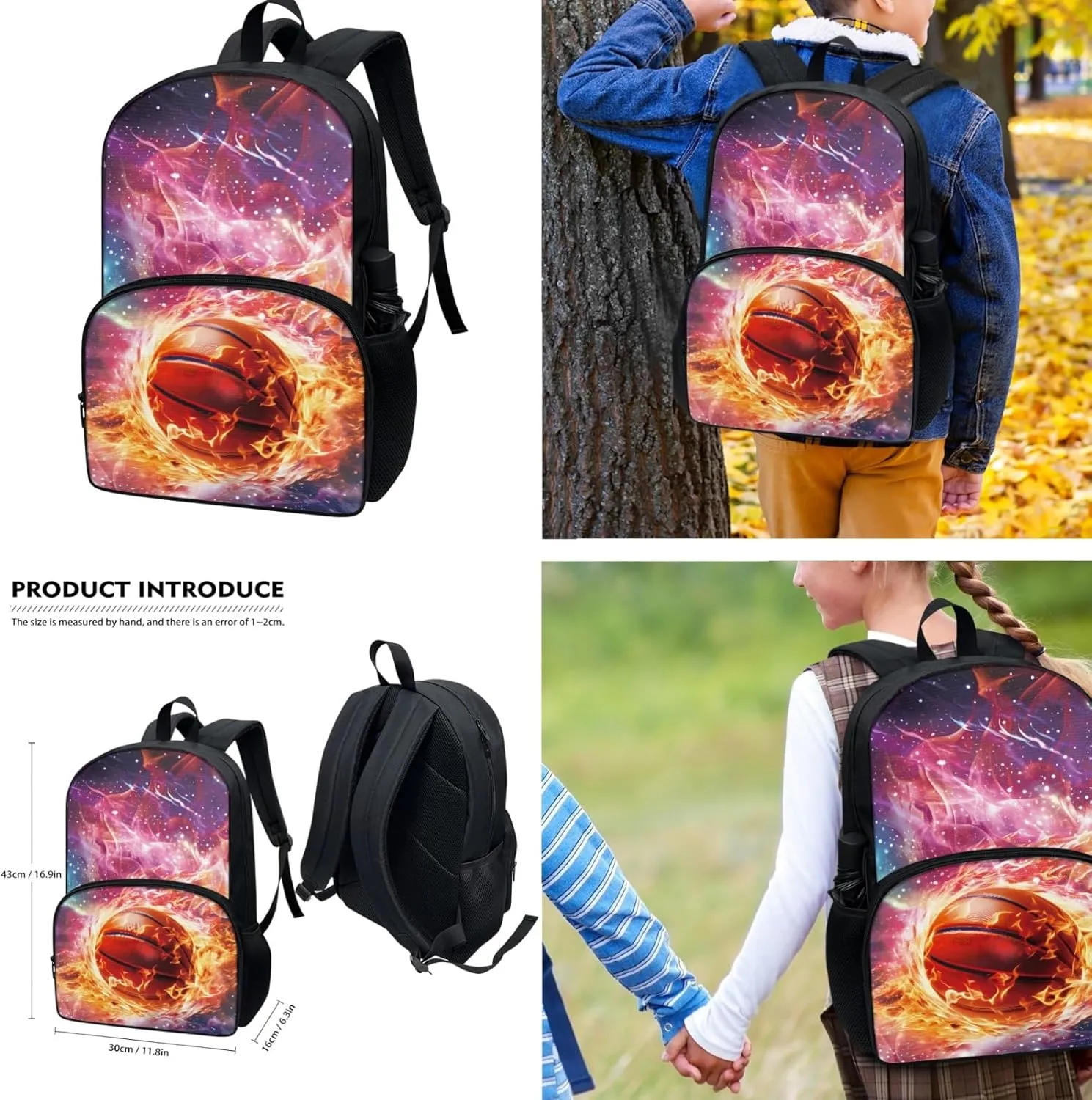 Xhuibop Galaxy Backpack with Lunch Bag for Boys 12-16 Fire Basketball Bookbag and Lunch Box Set of 3 Kids Book Bag with Lunch Box Pencil Case 17 Inch School Bag for 6th Girls