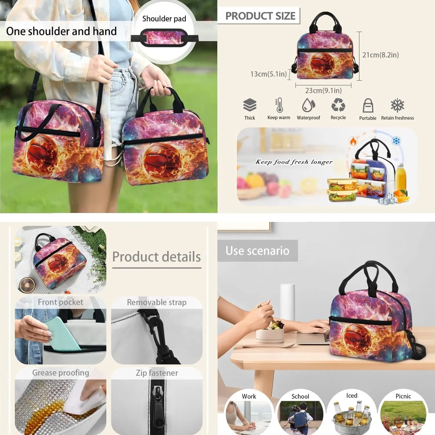 Xhuibop Galaxy Backpack with Lunch Bag for Boys 12-16 Fire Basketball Bookbag and Lunch Box Set of 3 Kids Book Bag with Lunch Box Pencil Case 17 Inch School Bag for 6th Girls