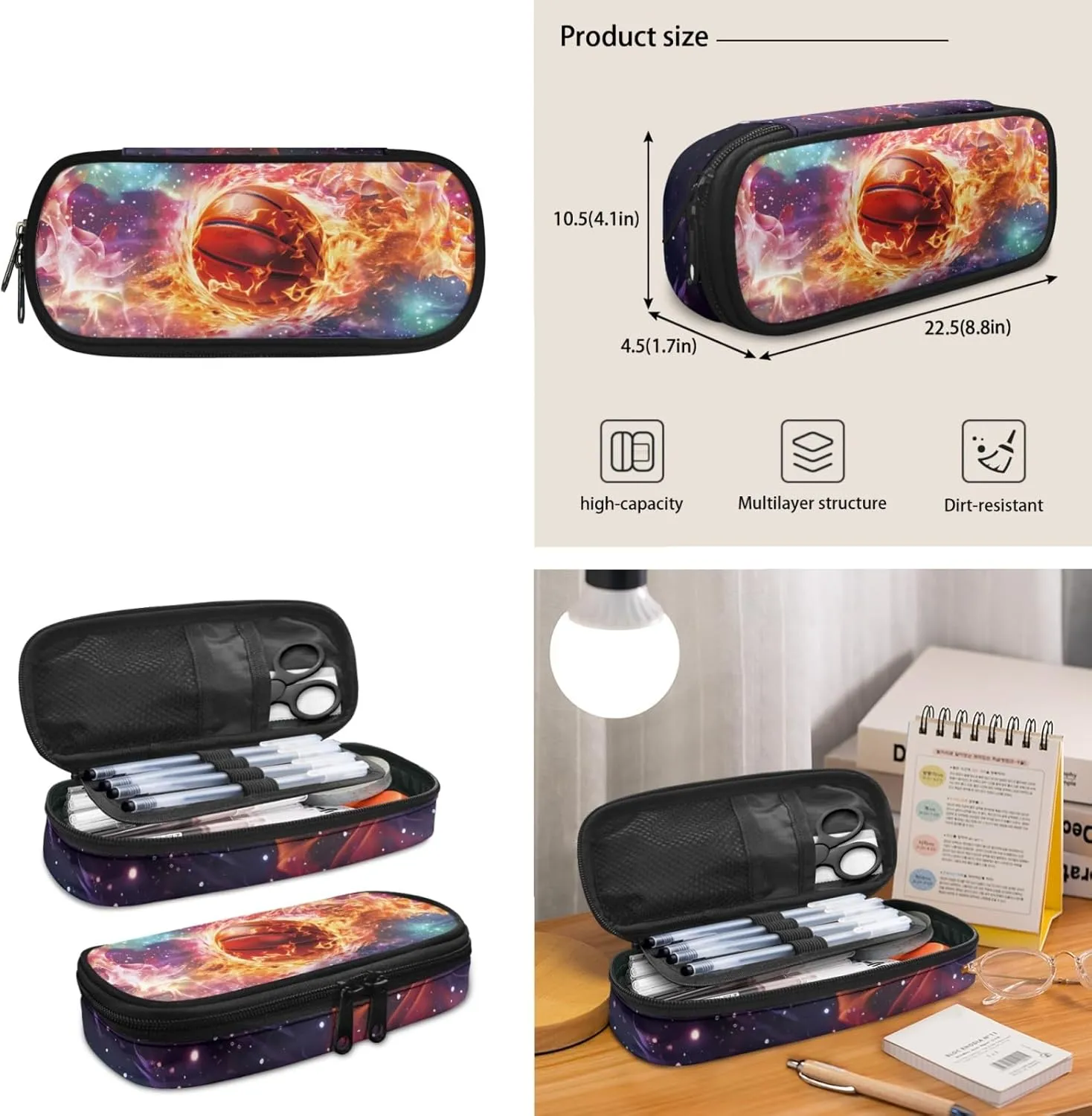 Xhuibop Galaxy Backpack with Lunch Bag for Boys 12-16 Fire Basketball Bookbag and Lunch Box Set of 3 Kids Book Bag with Lunch Box Pencil Case 17 Inch School Bag for 6th Girls
