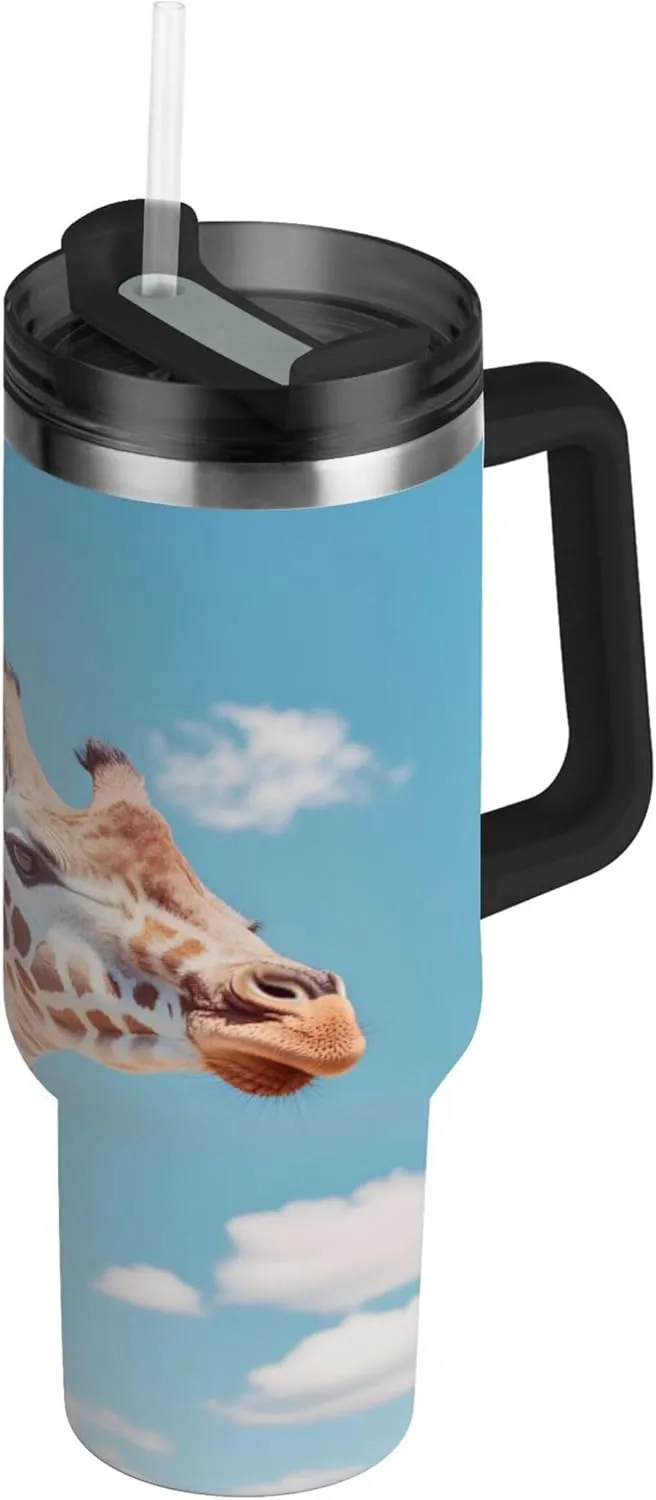 xigua 30 oz Giraffe Tumbler with Handle and Straw Lid, Stainless Steel Vacuum Insulated Sports Water Bottle, Keeps Cold or Hot Coffee Cup Travel Mug