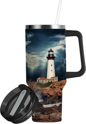 xigua 30 oz Lighthouse Pattern Tumbler with Handle and Straw Lid, Stainless Steel Vacuum Insulated Sports Water Bottle, Keeps Cold or Hot Coffee Cup Travel Mug