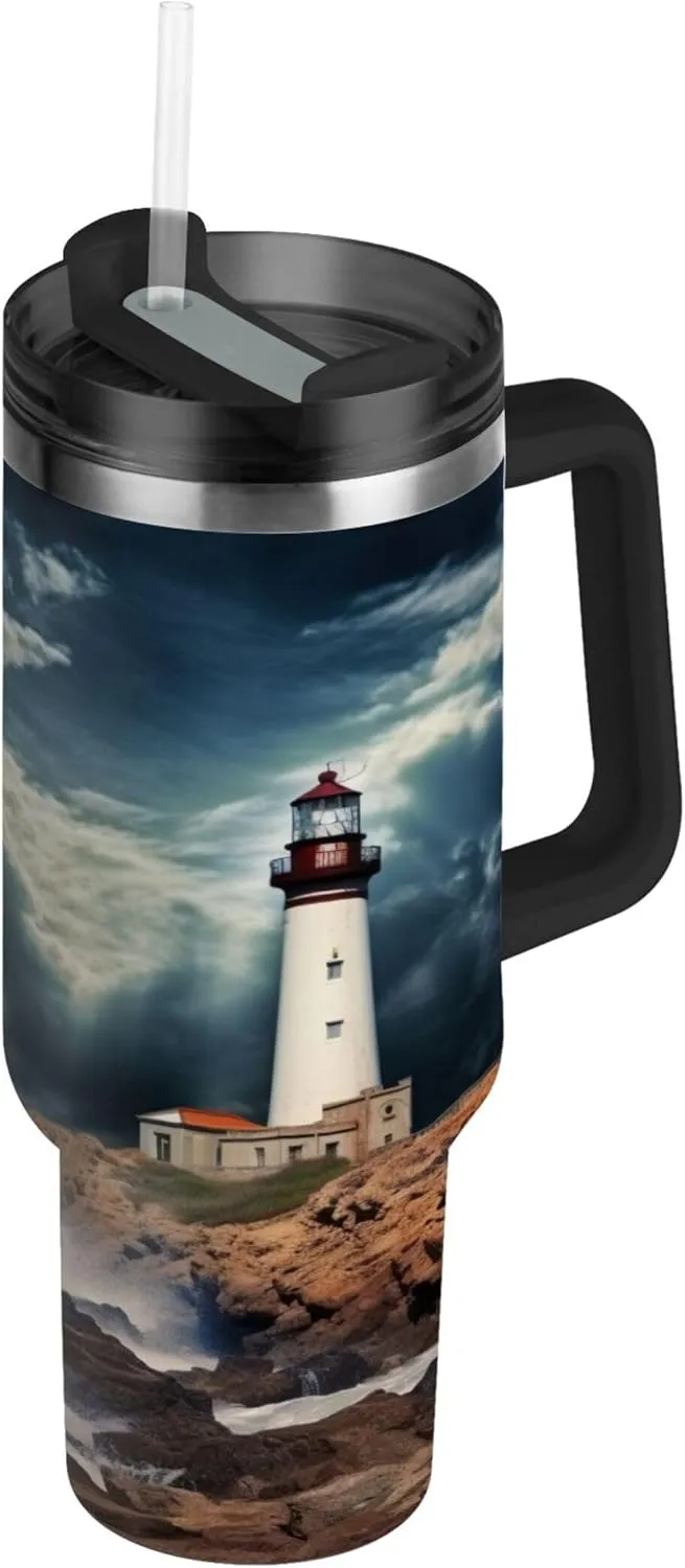 xigua 30 oz Lighthouse Pattern Tumbler with Handle and Straw Lid, Stainless Steel Vacuum Insulated Sports Water Bottle, Keeps Cold or Hot Coffee Cup Travel Mug