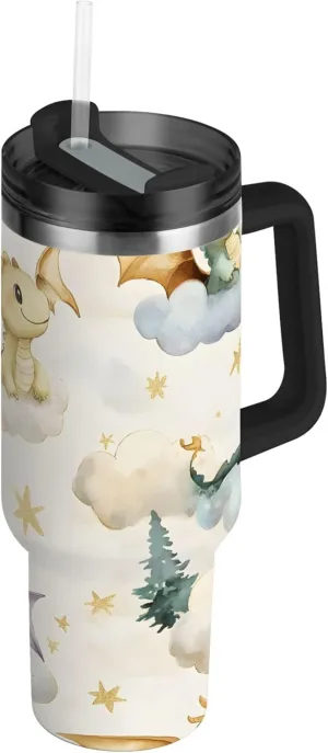 xigua 30 oz Watercolor Dragons Tumbler with Handle and Straw Lid, Stainless Steel Vacuum Insulated Sports Water Bottle, Keeps Cold or Hot Coffee Cup Travel Mug