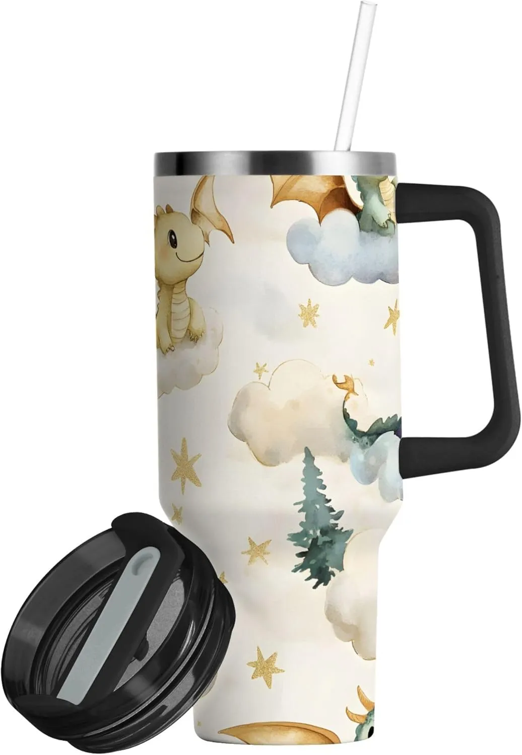 xigua 30 oz Watercolor Dragons Tumbler with Handle and Straw Lid, Stainless Steel Vacuum Insulated Sports Water Bottle, Keeps Cold or Hot Coffee Cup Travel Mug