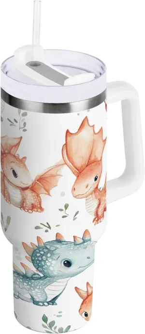 xigua 40 oz Adorable Baby Dragons Tumbler with Handle and Straw Lid, Stainless Steel Vacuum Insulated Sports Water Bottle, Keeps Cold or Hot Coffee Cup Travel Mug