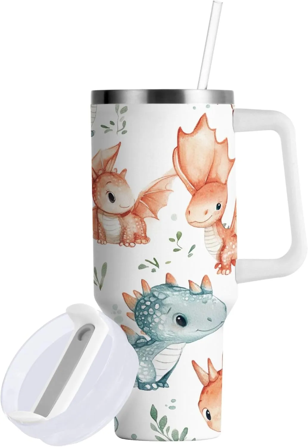 xigua 40 oz Adorable Baby Dragons Tumbler with Handle and Straw Lid, Stainless Steel Vacuum Insulated Sports Water Bottle, Keeps Cold or Hot Coffee Cup Travel Mug