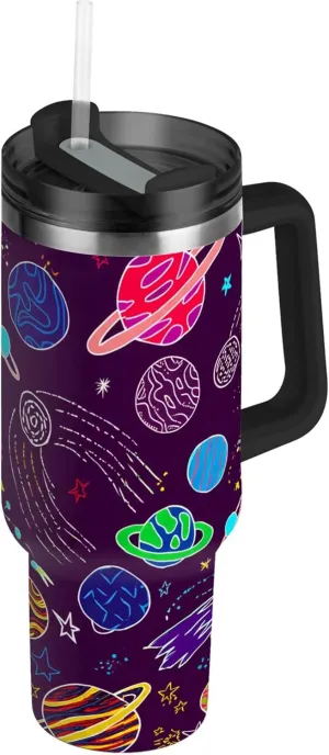 xigua 40 oz Colorful Planets Tumbler with Handle and Straw Lid, Stainless Steel Vacuum Insulated Sports Water Bottle, Keeps Cold or Hot Coffee Cup Travel Mug