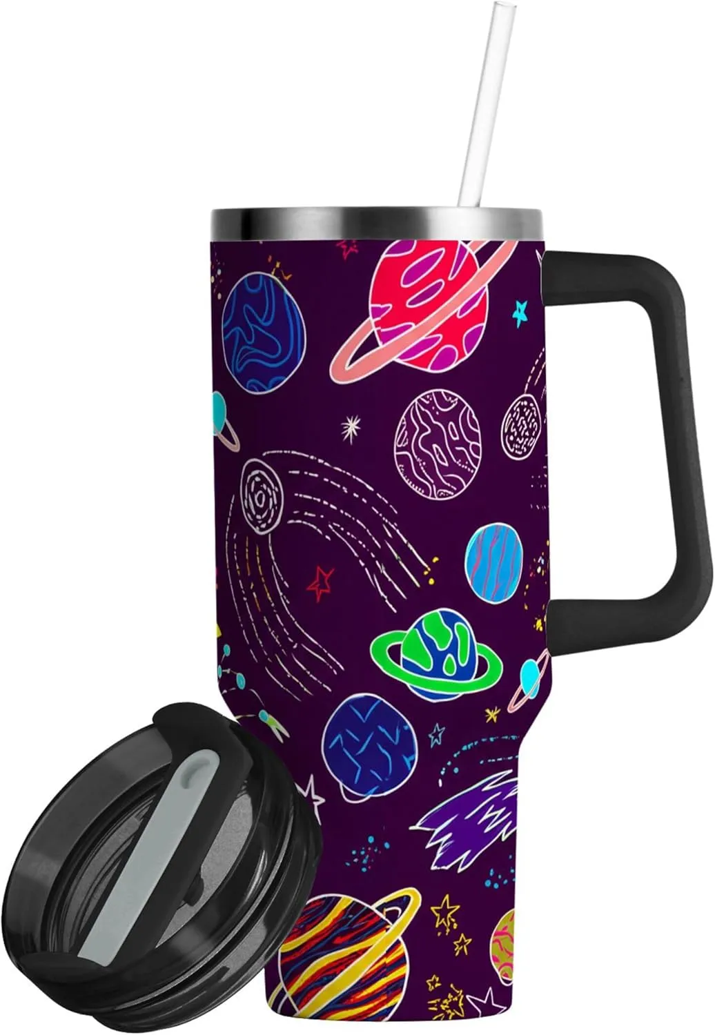 xigua 40 oz Colorful Planets Tumbler with Handle and Straw Lid, Stainless Steel Vacuum Insulated Sports Water Bottle, Keeps Cold or Hot Coffee Cup Travel Mug