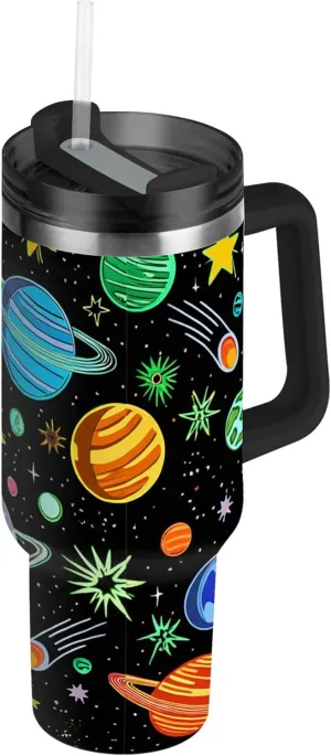 xigua 40 oz Colorful Planets Tumbler with Handle and Straw Lid, Stainless Steel Vacuum Insulated Sports Water Bottle, Keeps Cold or Hot Coffee Cup Travel Mug