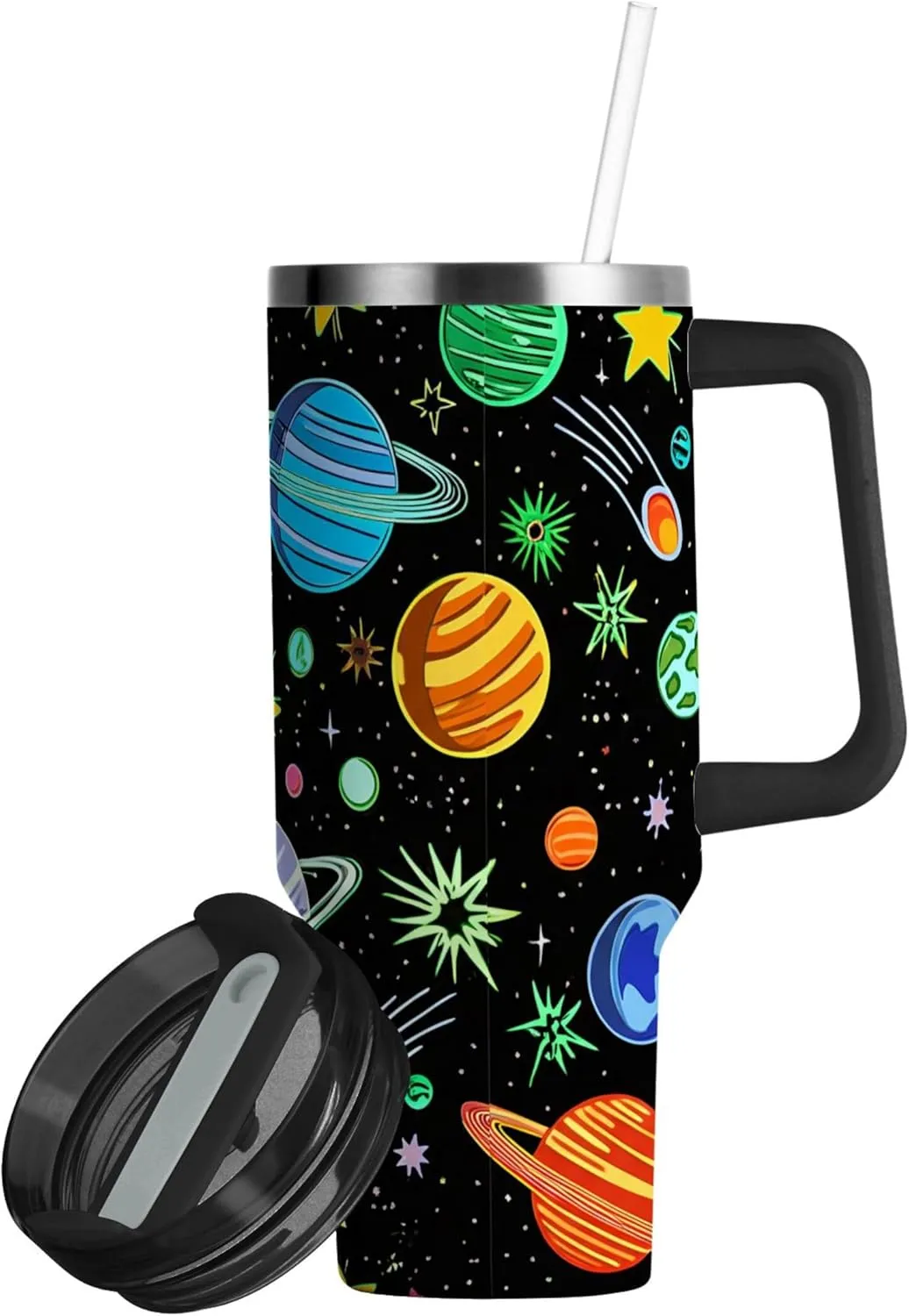 xigua 40 oz Colorful Planets Tumbler with Handle and Straw Lid, Stainless Steel Vacuum Insulated Sports Water Bottle, Keeps Cold or Hot Coffee Cup Travel Mug