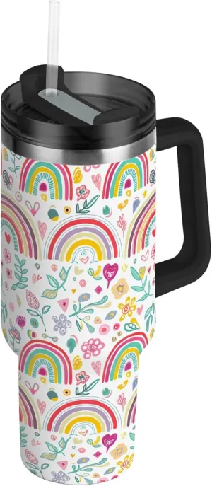 xigua 40 oz Colorful Rainbows Tumbler with Handle and Straw Lid, Stainless Steel Vacuum Insulated Sports Water Bottle, Keeps Cold or Hot Coffee Cup Travel Mug