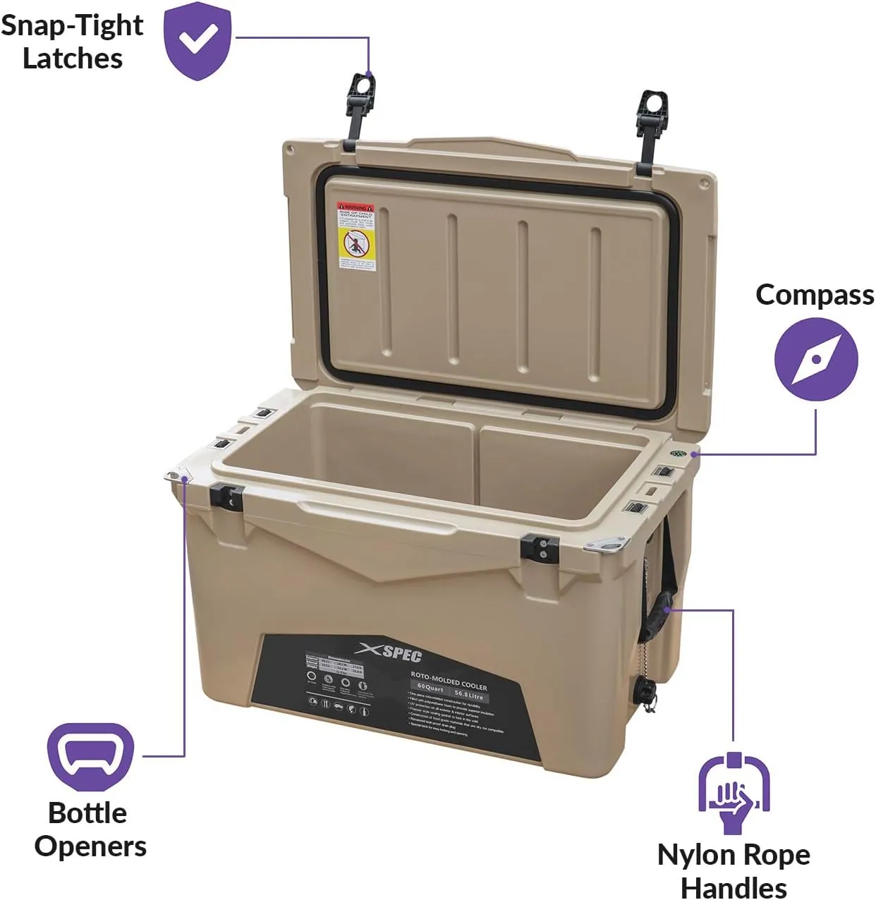 Xspec 60 Qt XL Roto Molded High Performance Camping Cooler Ice Chest | Extra Large Pro Tough Durable Outdoor Overland Rotomolded Hard Cooler