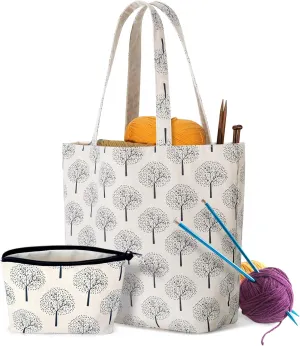 Yarwo Knitting Bag with Small Zipper Pouch, Yarn Tote for Knitting Needles, Skeins of Yarn and Knitting Supplies On the Go, Tree (Patented Design)