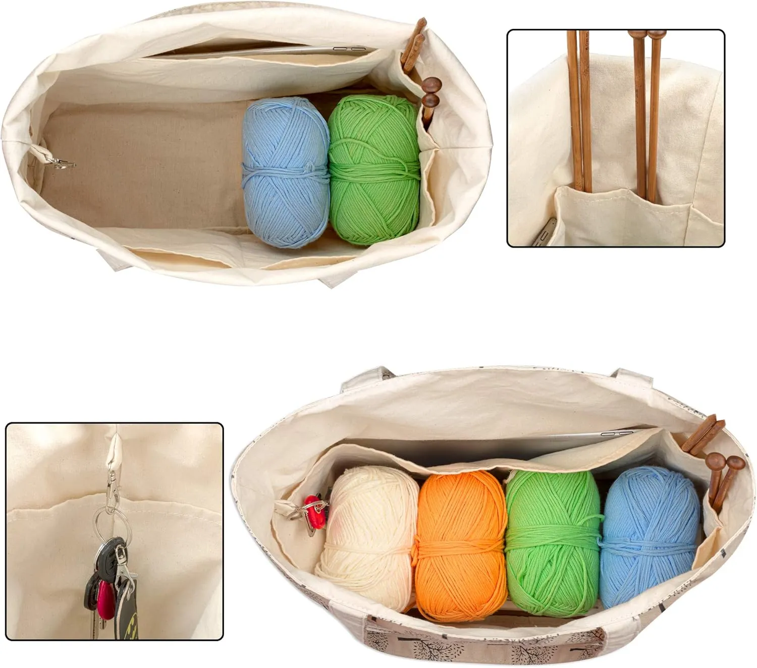Yarwo Knitting Bag with Small Zipper Pouch, Yarn Tote for Knitting Needles, Skeins of Yarn and Knitting Supplies On the Go, Tree (Patented Design)