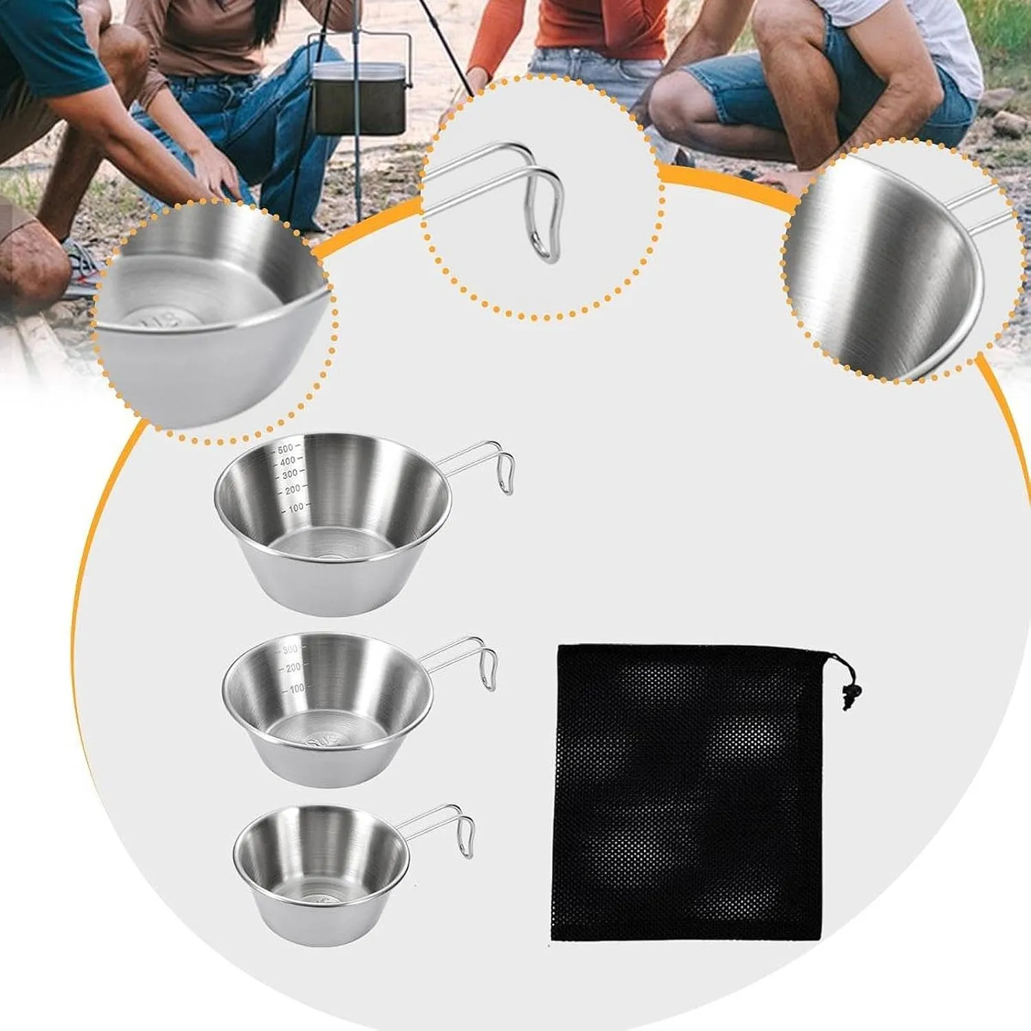 Yiju 3x Camping Bowls Cups Portable Tableware for Backpacking Outdoor Hiking Kitchen Equipment, Folding Handle