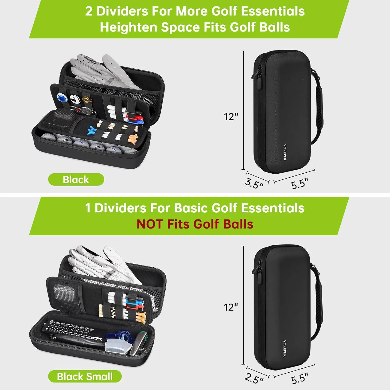 YOREPEK Golf Glove Case with Removable Glove Shaper, Golf Gifts for Men with 2 Dividers, Protective Hard Shell Golfing Organizer Fits Balls, Tees, Markers, Divot Tool, Accessories, Black