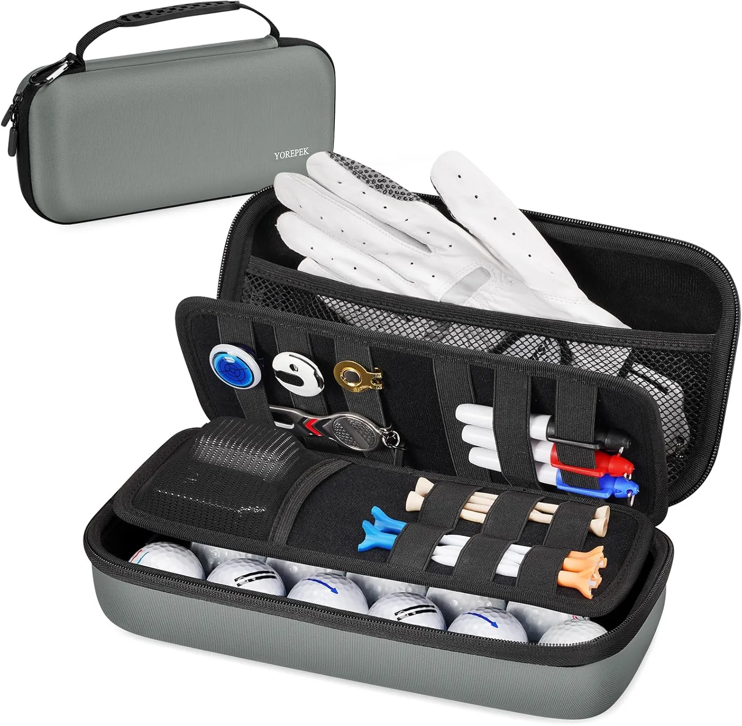 YOREPEK Golf Glove Case with Removable Glove Shaper, Golf Gifts for Men with 2 Dividers, Protective Hard Shell Golfing Organizer Fits Balls, Tees, Markers, Divot Tool, Accessories, Black