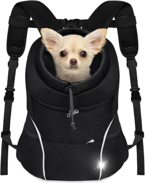 YUDODO Dog Front Carrier Backpack, Adjustable Breathable Pet Carrier for Small Dogs, Ventilated Puppy Back Pack with Safety Belt, Lightweight Doggy Backpack for Hiking Outdoor(Pure Black, M: 4.5-9lbs)
