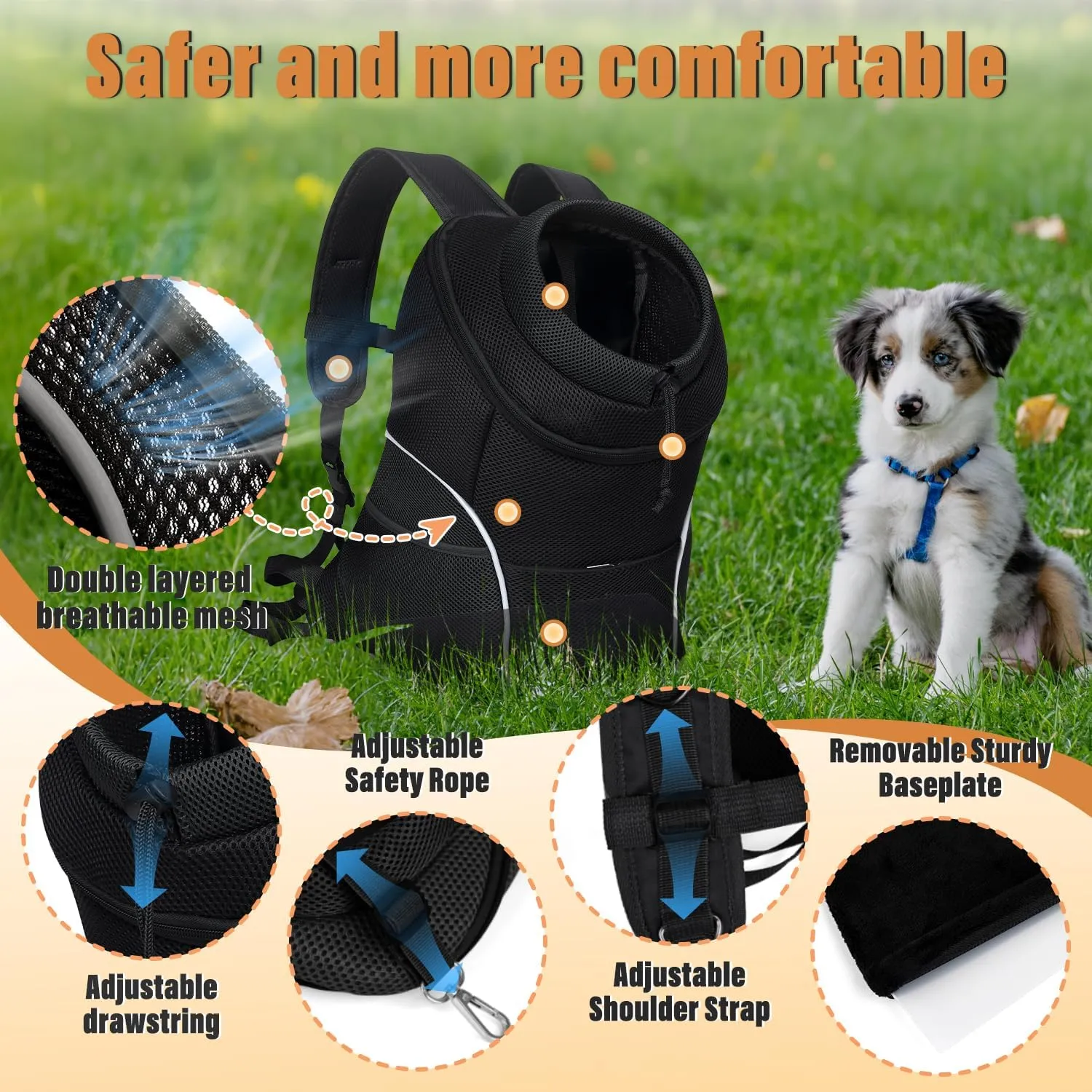 YUDODO Dog Front Carrier Backpack, Adjustable Breathable Pet Carrier for Small Dogs, Ventilated Puppy Back Pack with Safety Belt, Lightweight Doggy Backpack for Hiking Outdoor(Pure Black, M: 4.5-9lbs)