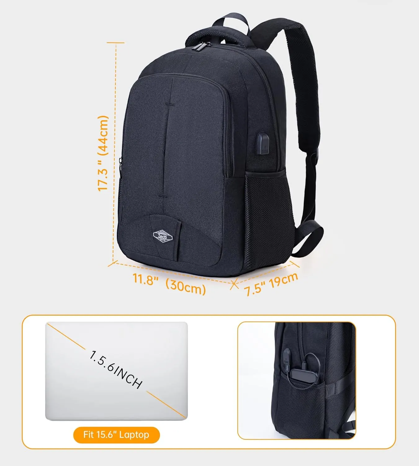 Zecti Travel Laptop Backpack for Men Women Durable Carry on Backpack for Work, Travel, College Backpack with USB Charging Hole, Water Resistant, Large Capacity