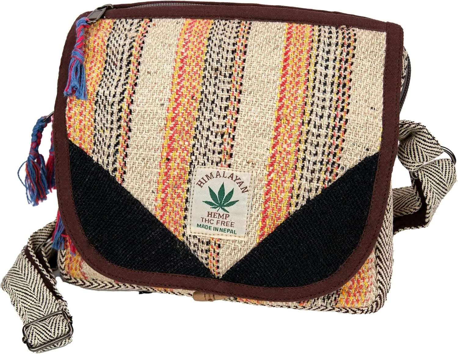 Zen Canyon Natural Hemp Brown Herringbone with Stripes Cross Body Purse Shoulder Bag, 7 x 9 Inches