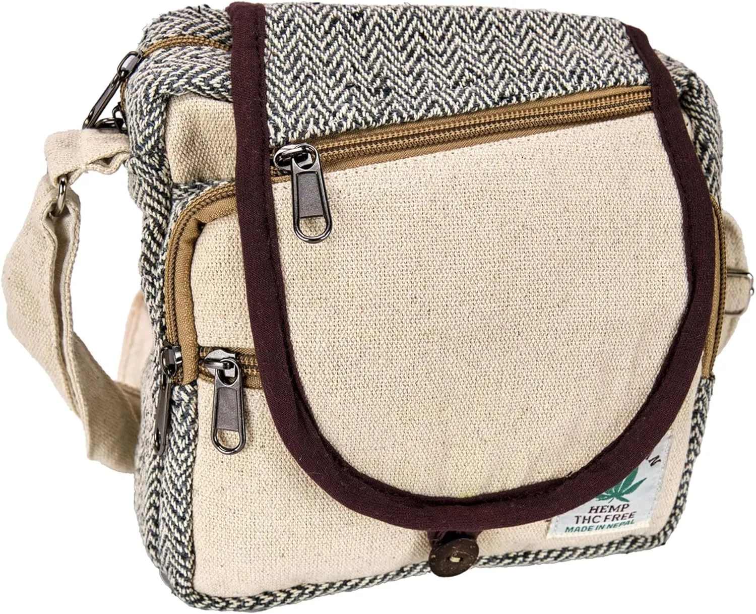 Zen Canyon Natural Hemp Herringbone Cross Body Purse Multipurpose Shoulder Bag, 8 x 8 Inches (Ivory/Brown)