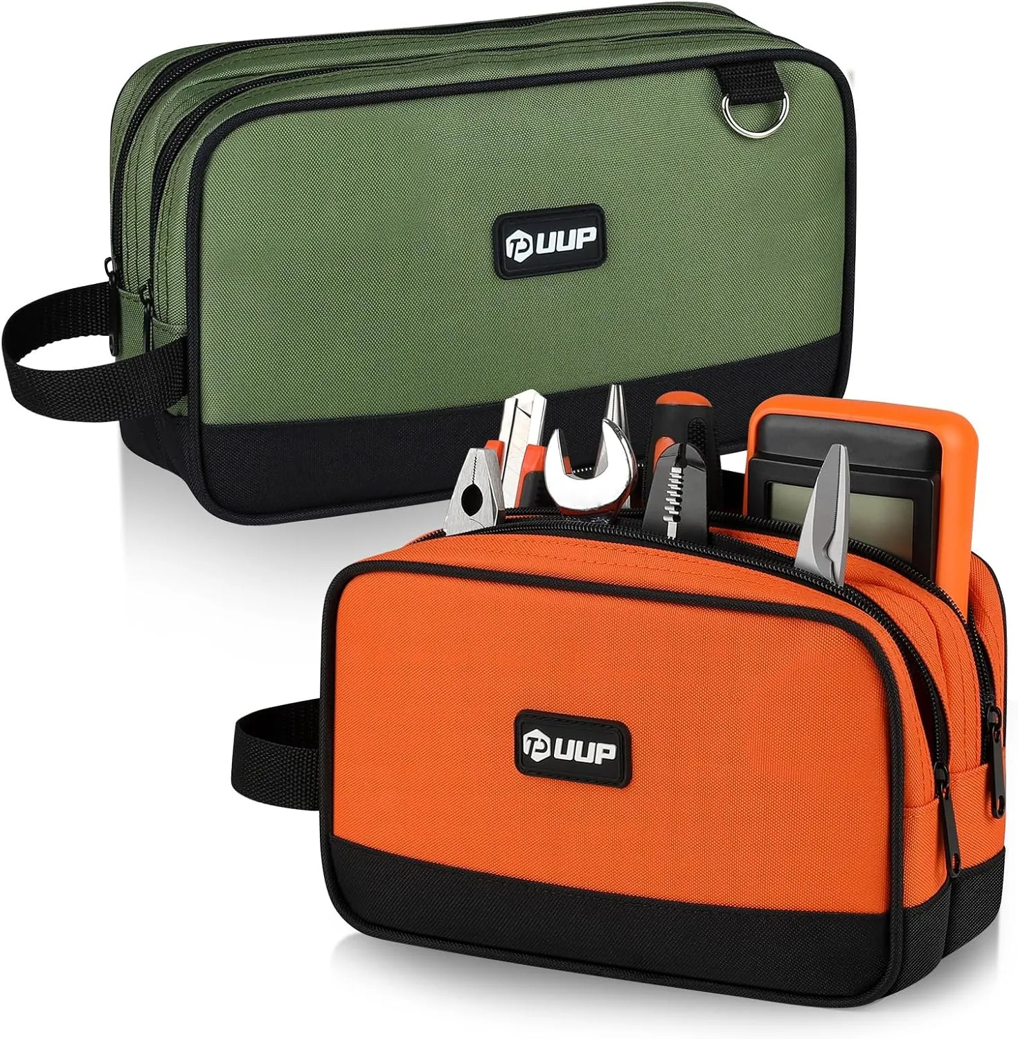 Zipper Tool Pouch 2 Pack, Two Compartments Small Tool Bag, 10 12 inch Utility ToolBag with Carrying Handle, Tools Storage Organizer for Electrician Mechanic, Dad Mens Gifts, Orange/Green