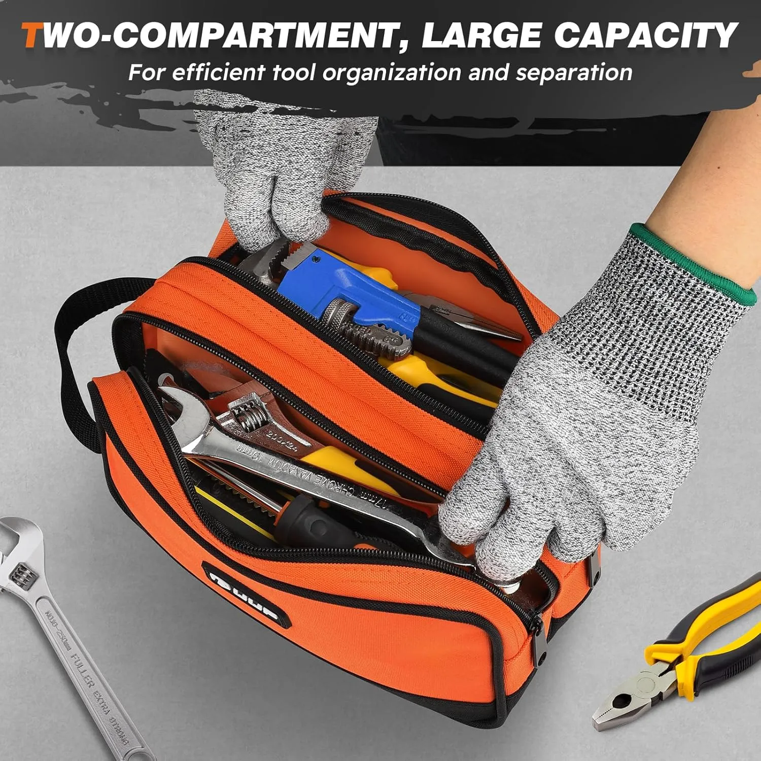 Zipper Tool Pouch 2 Pack, Two Compartments Small Tool Bag, 10 12 inch Utility ToolBag with Carrying Handle, Tools Storage Organizer for Electrician Mechanic, Dad Mens Gifts, Orange/Green