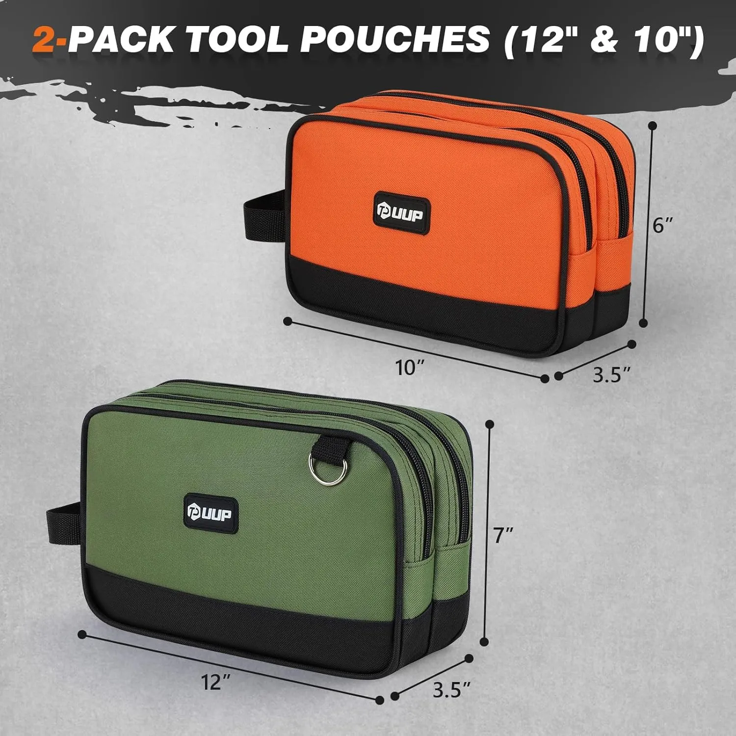 Zipper Tool Pouch 2 Pack, Two Compartments Small Tool Bag, 10 12 inch Utility ToolBag with Carrying Handle, Tools Storage Organizer for Electrician Mechanic, Dad Mens Gifts, Orange/Green