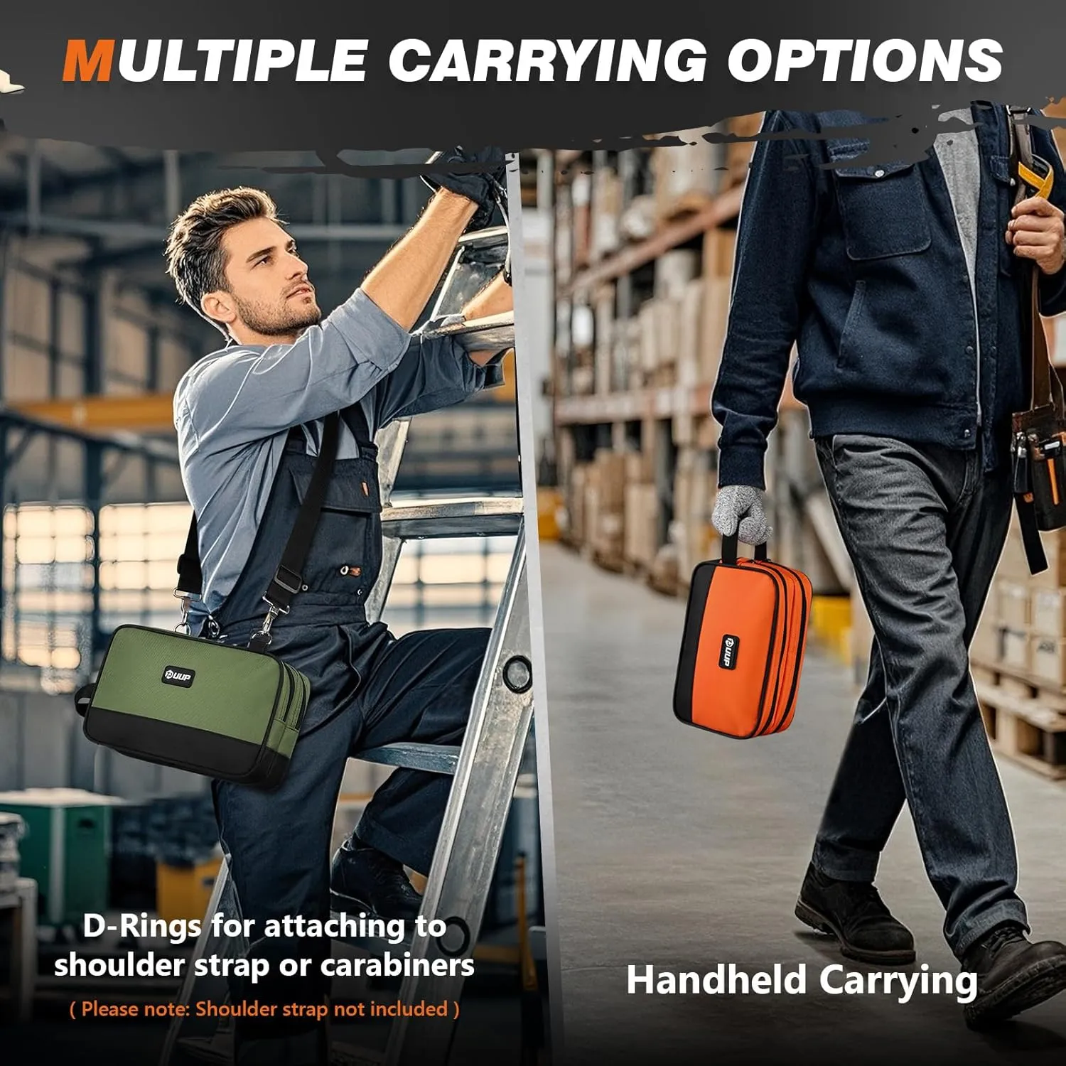 Zipper Tool Pouch 2 Pack, Two Compartments Small Tool Bag, 10 12 inch Utility ToolBag with Carrying Handle, Tools Storage Organizer for Electrician Mechanic, Dad Mens Gifts, Orange/Green