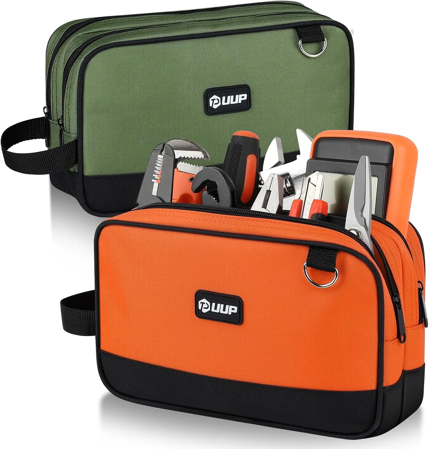 Zipper Tool Pouch 2 Pack, Two Compartments Small Tool Bag, 12 inch Utility ToolBag with Carrying Handle, Tools Storage Organizer for Electrician Mechanic, Dad Mens Gifts, Orange/Green