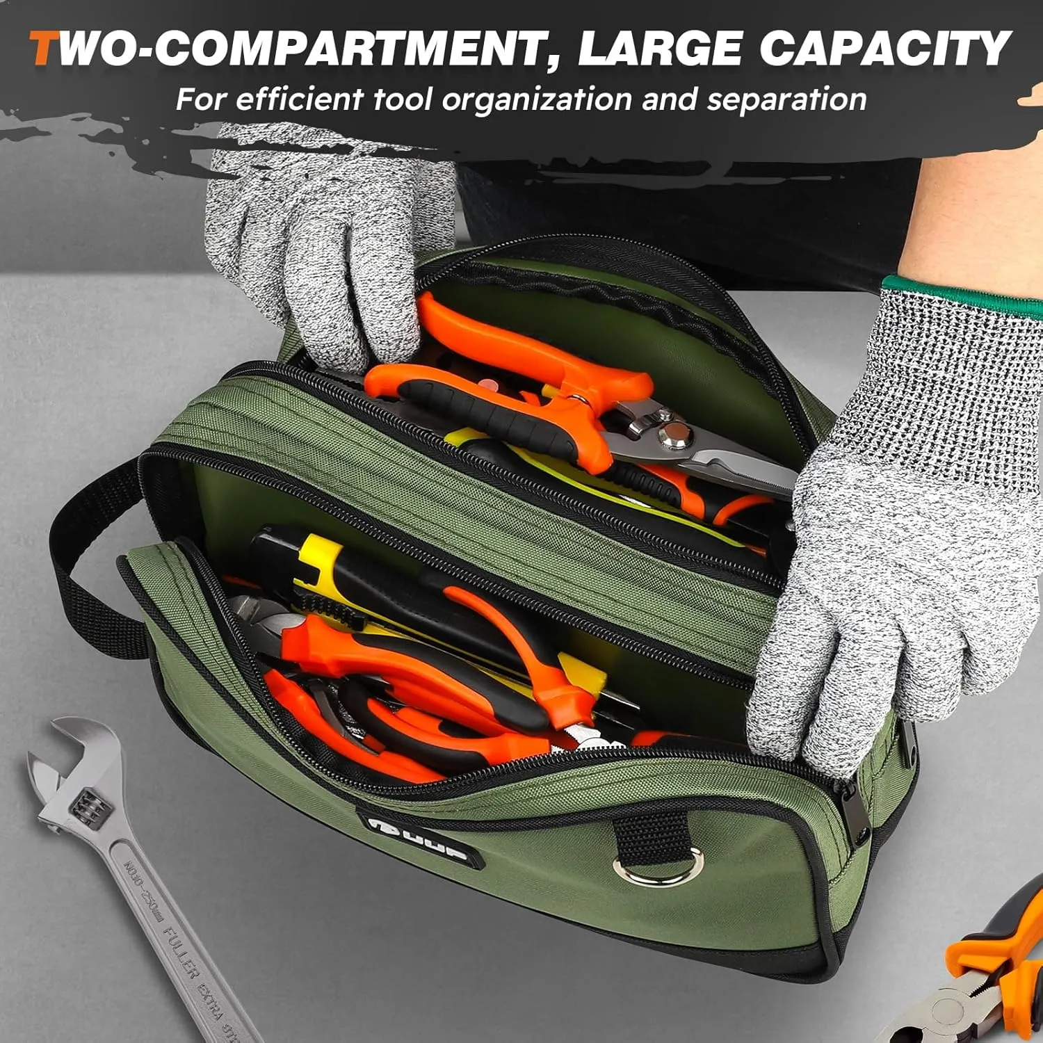 Zipper Tool Pouch 2 Pack, Two Compartments Small Tool Bag, 12 inch Utility ToolBag with Carrying Handle, Tools Storage Organizer for Electrician Mechanic, Dad Mens Gifts, Orange/Green