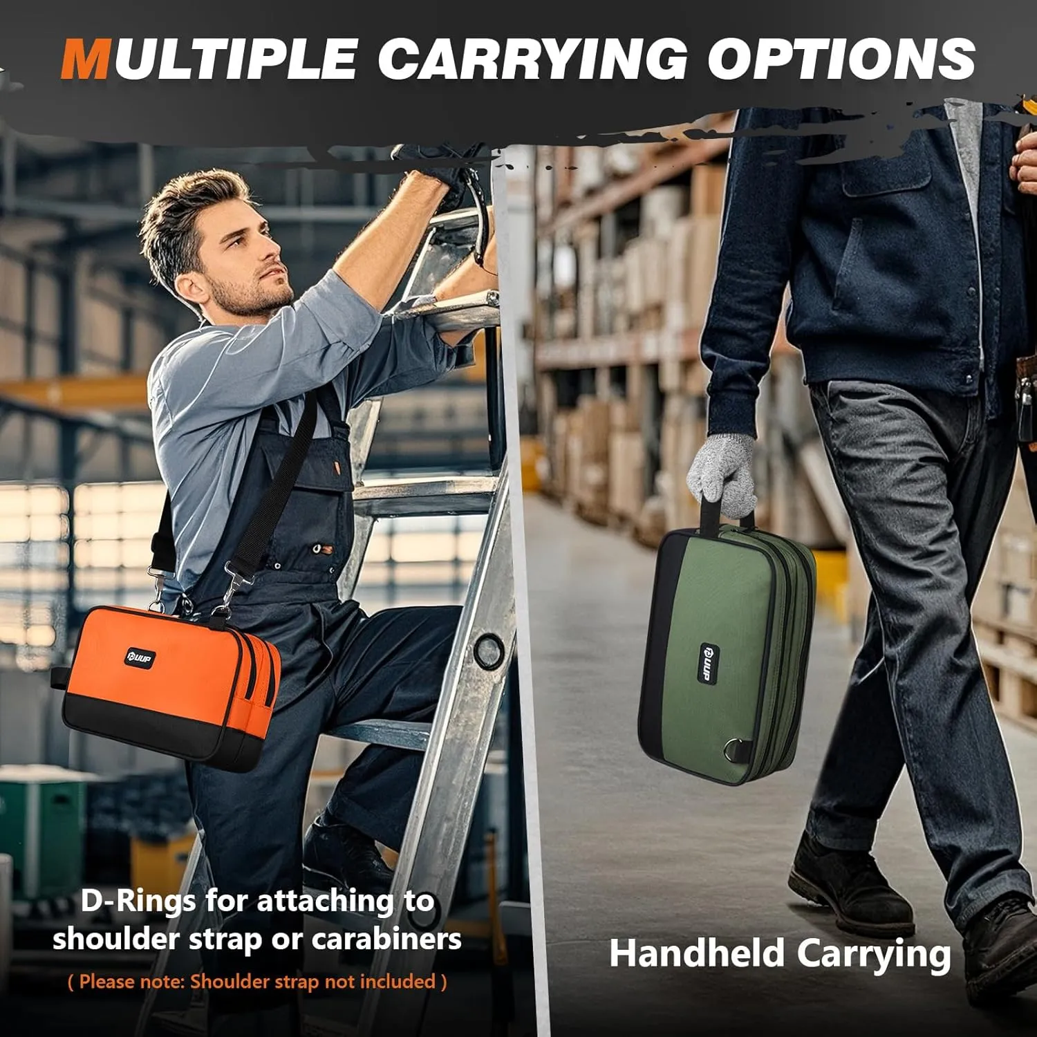 Zipper Tool Pouch 2 Pack, Two Compartments Small Tool Bag, 12 inch Utility ToolBag with Carrying Handle, Tools Storage Organizer for Electrician Mechanic, Dad Mens Gifts, Orange/Green