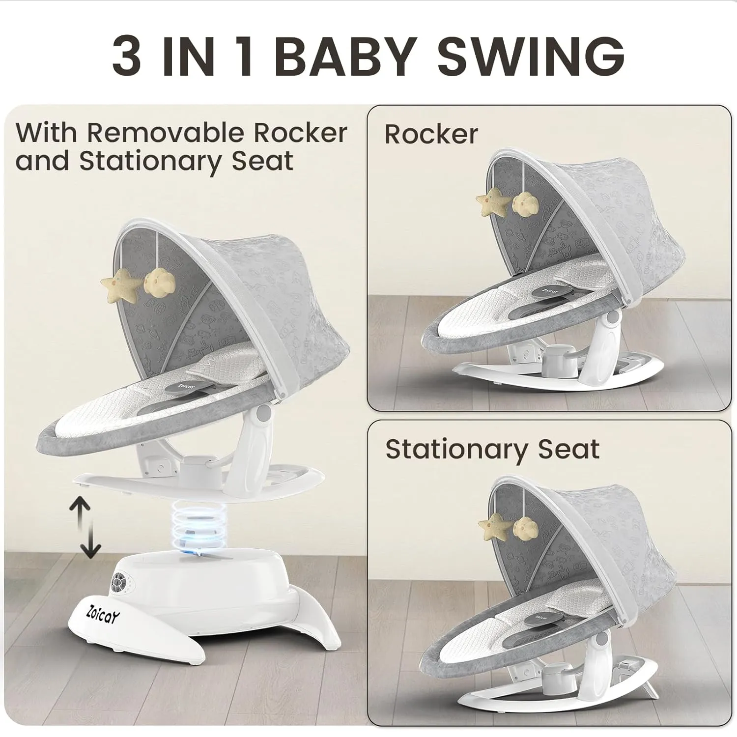 Zoicay 3-in-1 Baby Swing for Infants to Toddler with Motion Detection, Portable Baby Swing & Removable Swing Seat, BT Enabled & 360°Rotating Seat and Manual Remote with 3 Swing Modes & 5-Speeds(White)