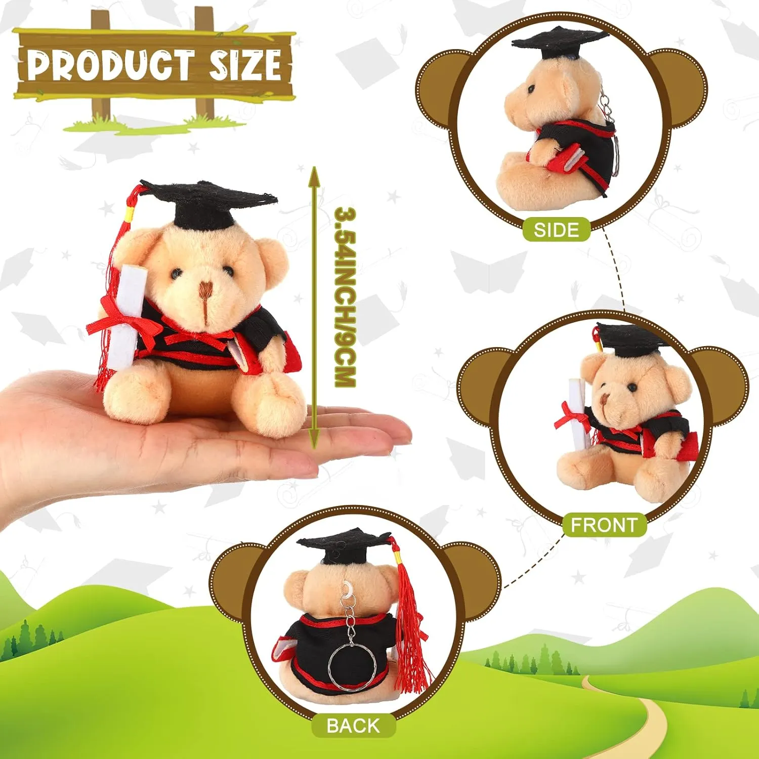 Zomiboo 12 Pieces Graduation Bears Class of 2025 Mini Grad Bear Stuffed Animal 3.54 Inches with Cap Preschool Graduation Gifts Bulk Tiny Detachable Plush Keychain DIY Party Favors(Black Cap)