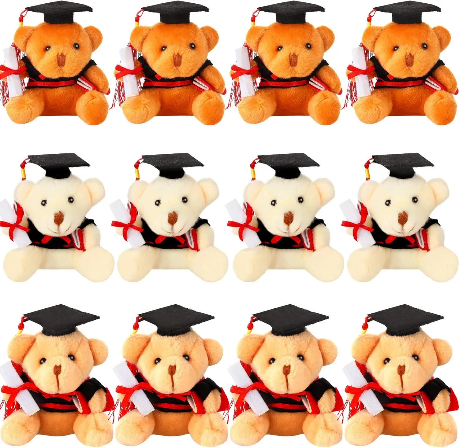 Zomiboo 12 Pieces Graduation Bears Class of 2025 Mini Grad Bear Stuffed Animal 3.54 Inches with Cap Preschool Graduation Gifts Bulk Tiny Detachable Plush Keychain DIY Party Favors(Black Cap)