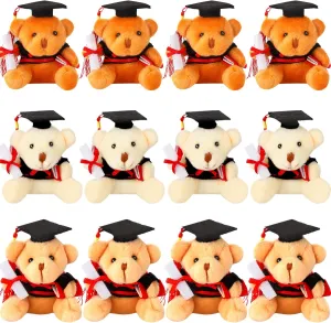 Zomiboo 12 Pieces Graduation Bears Class of 2025 Mini Grad Bear Stuffed Animal 3.54 Inches with Cap Preschool Graduation Gifts Bulk Tiny Detachable Plush Keychain DIY Party Favors(Black Cap)