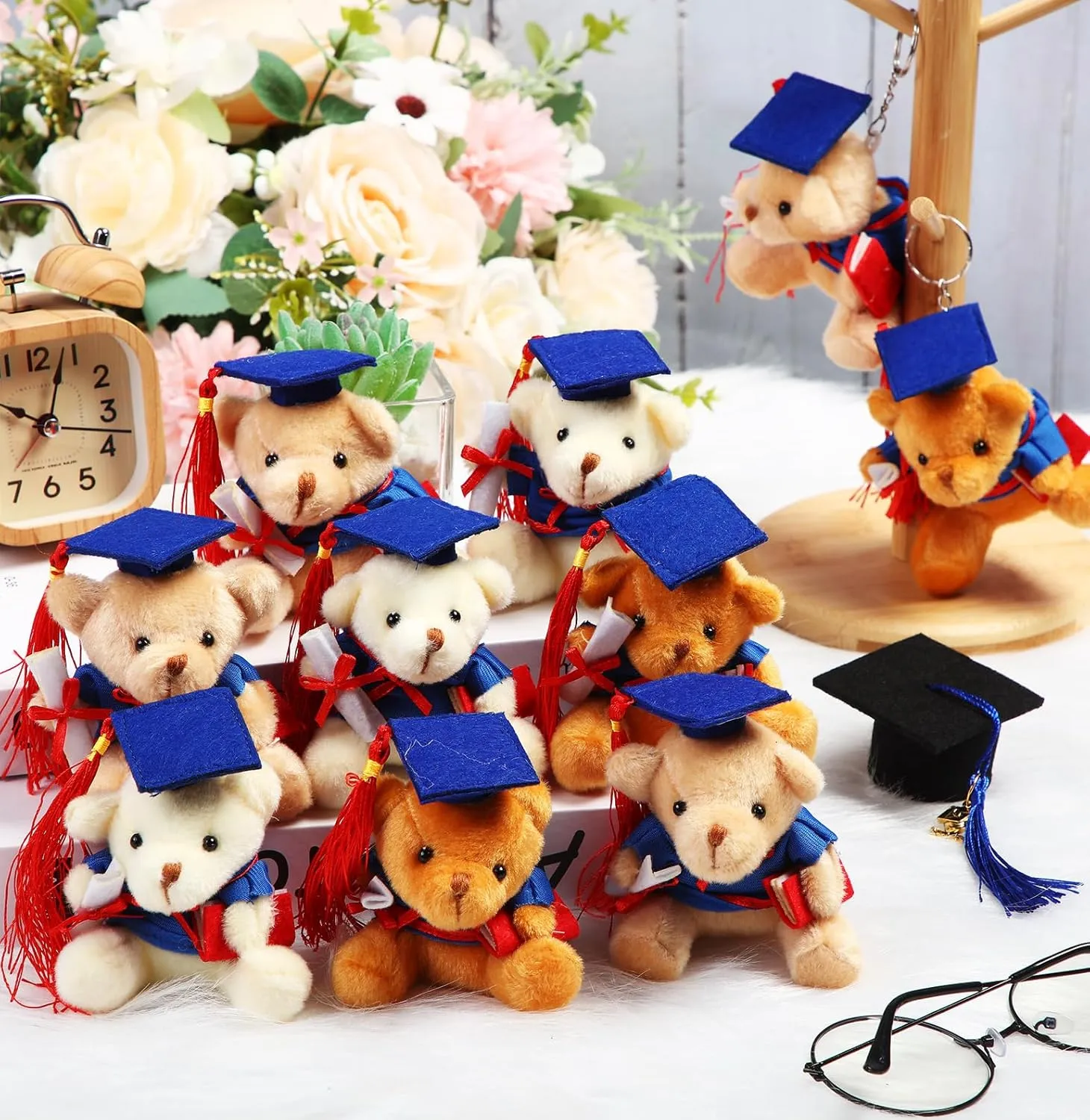 Zomiboo 24 Pcs Graduation Bears Class of 2025 Bulk 3. 54 Inches Mini Graduation Plush Tiny Grad Bear Stuffed Animals with Cap for Preschool Kindergarten Ceremony School Party Gifts(Blue Cap)