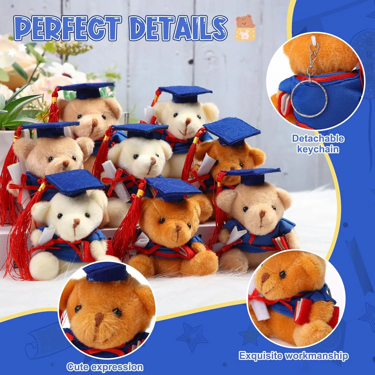 Zomiboo 24 Pcs Graduation Bears Class of 2025 Bulk 3. 54 Inches Mini Graduation Plush Tiny Grad Bear Stuffed Animals with Cap for Preschool Kindergarten Ceremony School Party Gifts(Blue Cap)