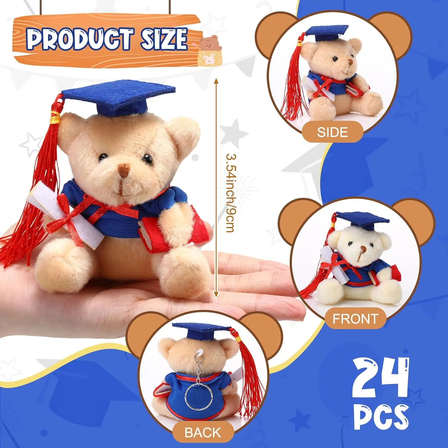 Zomiboo 24 Pcs Graduation Bears Class of 2025 Bulk 3. 54 Inches Mini Graduation Plush Tiny Grad Bear Stuffed Animals with Cap for Preschool Kindergarten Ceremony School Party Gifts(Blue Cap)