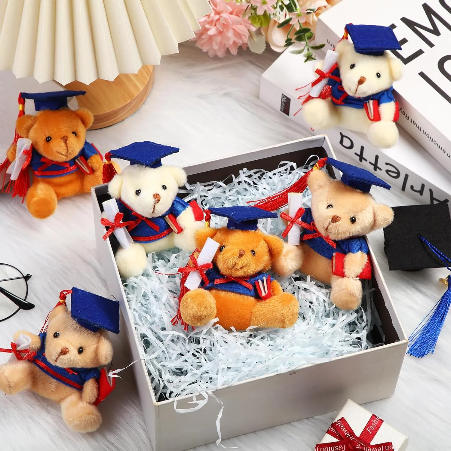 Zomiboo 24 Pcs Graduation Bears Class of 2025 Bulk 3. 54 Inches Mini Graduation Plush Tiny Grad Bear Stuffed Animals with Cap for Preschool Kindergarten Ceremony School Party Gifts(Blue Cap)