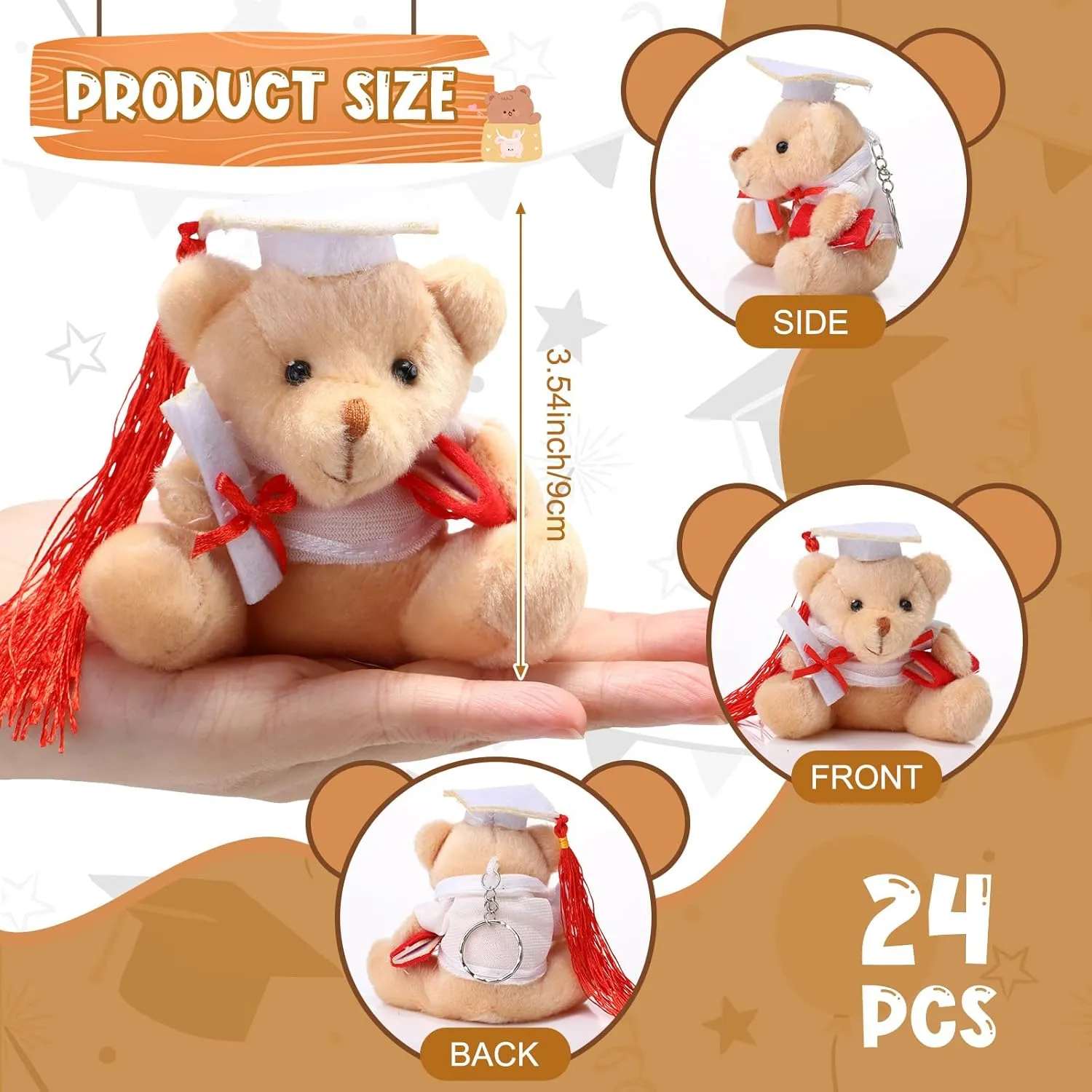 Zomiboo 24 Pcs Graduation Bears Class of 2025 Bulk 3. 54 Inches Mini Graduation Plush Tiny Grad Bear Stuffed Animals with Cap for Preschool Kindergarten Ceremony School Party Gifts(White Cap)