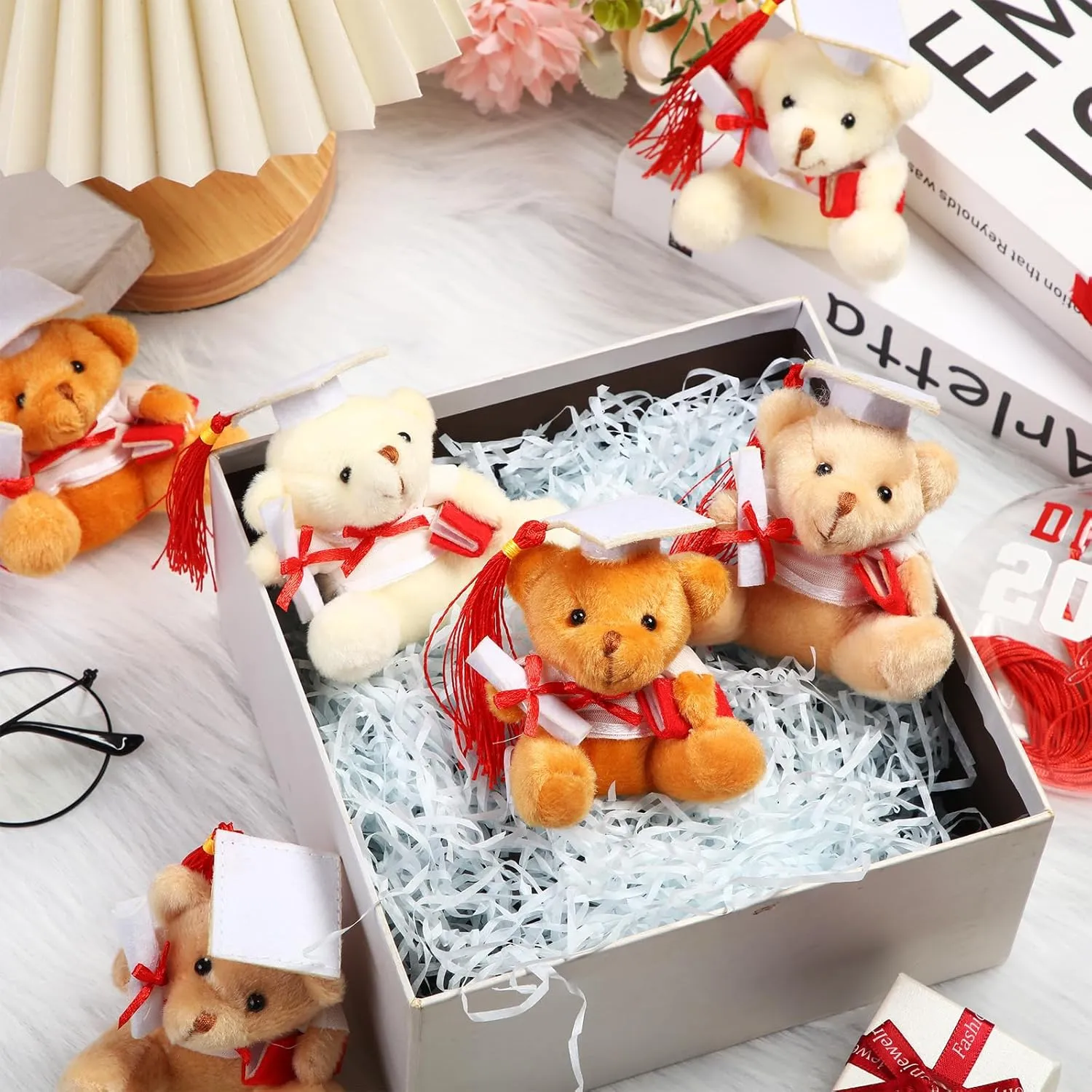 Zomiboo 24 Pcs Graduation Bears Class of 2025 Bulk 3. 54 Inches Mini Graduation Plush Tiny Grad Bear Stuffed Animals with Cap for Preschool Kindergarten Ceremony School Party Gifts(White Cap)