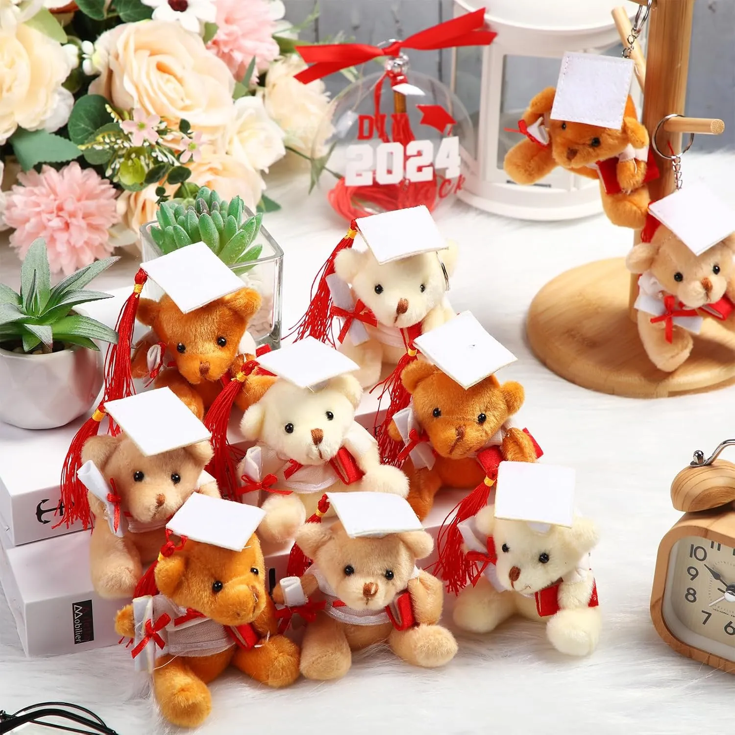 Zomiboo 24 Pcs Graduation Bears Class of 2025 Bulk 3. 54 Inches Mini Graduation Plush Tiny Grad Bear Stuffed Animals with Cap for Preschool Kindergarten Ceremony School Party Gifts(White Cap)