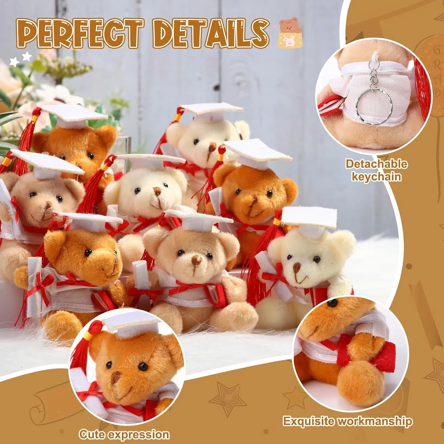Zomiboo 24 Pcs Graduation Bears Class of 2025 Bulk 3. 54 Inches Mini Graduation Plush Tiny Grad Bear Stuffed Animals with Cap for Preschool Kindergarten Ceremony School Party Gifts(White Cap)